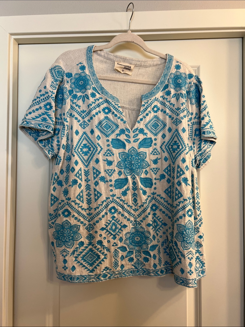 Savanna Jane Cream Linen-Blend Tunic with Turquoise Embroidery